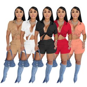 2024 Designer Survêtements Femmes Tenues Deux Pièces Ensembles Printemps Chemise À Manches Courtes Et Shorts Ensembles Assortis Casaul Solide Sweatsuits Gros Vêtements 10670