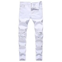 2024 Designer Blanc Hommes Jeans Déchiré En Détresse Noir Skinny Denim Hip Hop Bouton Stretch Pantalon thekhoi