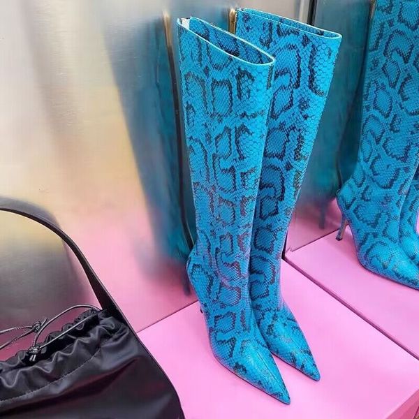 2024 Designer Hiver Mode Haute Hauteur Genou Haute Bottes Bout Pointu Mince Talon Haut En Peau De Serpent Bottes Longues Fermeture À Glissière De Mode Bottes Pour Femmes