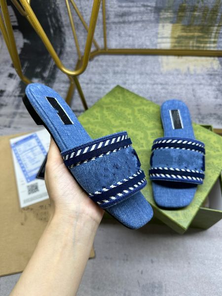 2024 Diseñador Mujeres Denim Azul Zapatillas Sandalias Lienzo Scuffs Para Mujer Estilo Chino Bordado Casual Zapatilla Plana 35-42