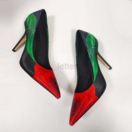 2024 Designer Femmes Chaussures À Talons Hauts Rétro Rose Imprimé Robe Rouge Chaussures 10cm Talon Aiguille Noir Bouts Pointus Satin Femme Pompes Mode Soirée Chaussure Lettre 35 ~ 42