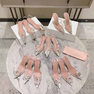 2024 Designer Women Hoge Heels Wedding Shoes Jurk Luxury Sandalen Satin Hoge Hiel Boog Kristallen Decoratieve riemgespit Pointed Sunflower PVC Comfortabel 35-39