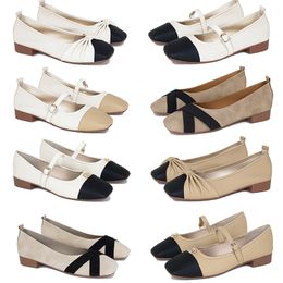 2024 zapatos de mujer de diseñador Nuevo arco color beige negro tacón bajo cabeza cuadrada zapatos individuales tamaño grande
