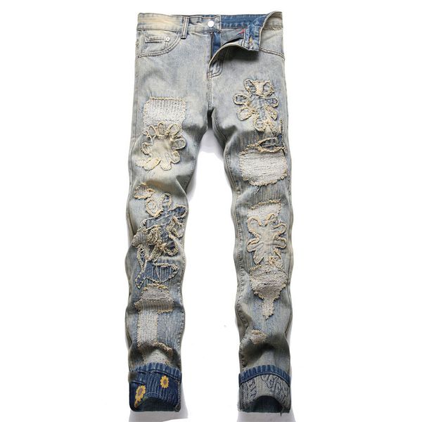 2024 Diseñadores Summer Make Old Men's Jeans Letter Jeans Motorcycle rasgado Denim Estilo de jogging Fashion Womlim Wave Wash Slacks Hip Hop Stripe