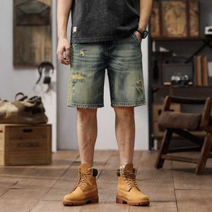 2024 Shorts en jean en détresse pour hommes nouveaux pantalons à jambe droite en vrac marque Pi Shuai Fried Street en détresse et lavé