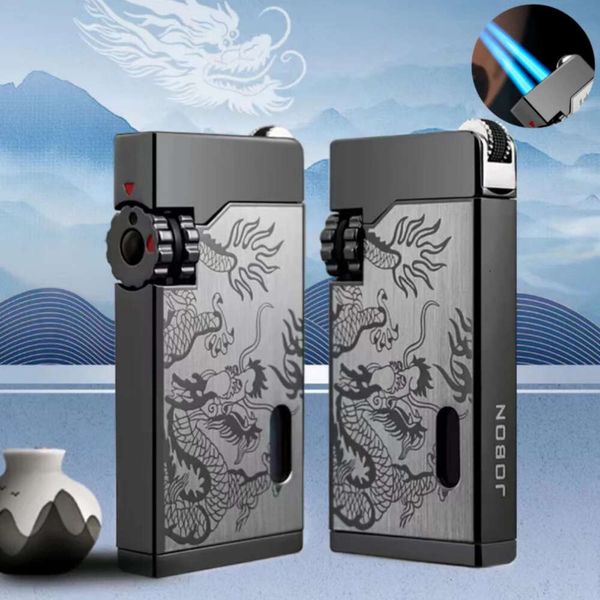 2024 Dragon Year Jobon Metal Dual Jet Blue Flame sin gas Visual más ligero sin ventana de gas Rueda clásica de molienda Ignite Cigar Lighter