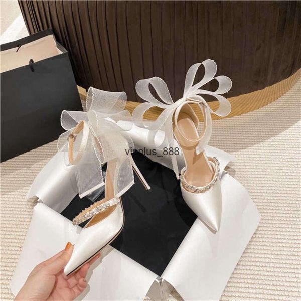 2024 Robe Chaussures Femmes Bout Pointu Arc Maille Stilettos Talon Haut Strass Cristal Pompes Chaussures De Mariage De Mariée Sexy