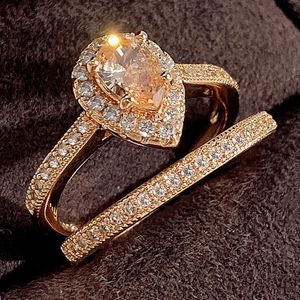 2024 Drop Ship Wedding Rings Luxe sieraden 925 Sterlig Silver Silver Champagne Rose Gold Peer Peer 5a Zirkon CZ Diamond Party Women Bridal Ring Set Gift