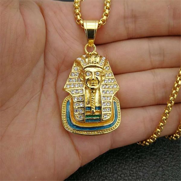 Pendentif Sphinx du pharaon égyptien, avec chaîne en or jaune 14 carats et collier en strass brillants glacés, bijoux égyptiens Hip Hop, 2024