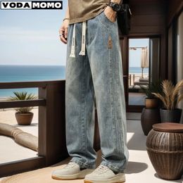 2024 Elastische losse rechte jeans heren brede benen denim broek casual broek Koreaanse stijl sportkleding kleding 240326