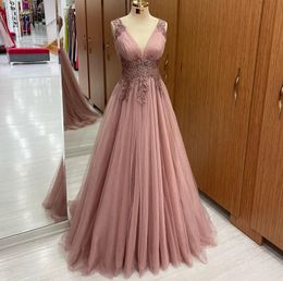 2024 elegante vestido de fiesta de noche de color rosa oscuro con cuello en V apliques de encaje una línea vestido formal de fiesta vestidos de celebridades nueva llegada Robe De Soiree