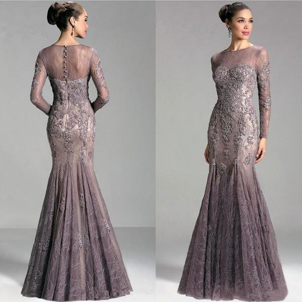 2024 Elegante sirena de encaje completo Vestidos para madre de la novia Mangas largas Hasta el suelo Vestidos de invitados de boda Apliques Con cuentas Vestido formal de noche de madrina