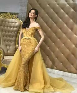 2024 Elegante gouden zeemeermin prom -jurken met afneembare trein kanten appliques lovertjes glitter avondjurken van de schouder lange speciale gelegenheid jurk voor vrouwen