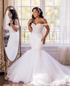 2024 Robe de mariée sirène élégante pour la mariée hors épaule dentelle appliques jusqu'à fermeture balayage train perlé robes de mariée robes de novia
