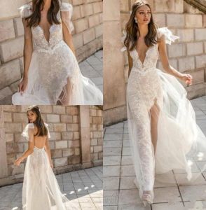 2024 Robes de mariée sirène élégante V Couc Lace Backless Bridal Robes High Slit Voir à travers Trumpet Place personnalisée