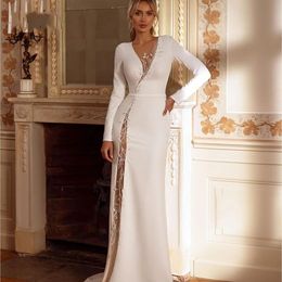2024 Elegante Morden Vestido de novia Lace Beading Satin Cola completa Botón Splt Abierto Aviso Bridal Bride Gowns Vestido de Novias Mariage
