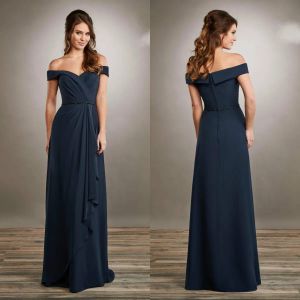2024 Elegante moeder van de bruid jurken donkerblauw uit schouder kanten chiffon avondjurken vloer lengte plus size bruiloft gastenjurk