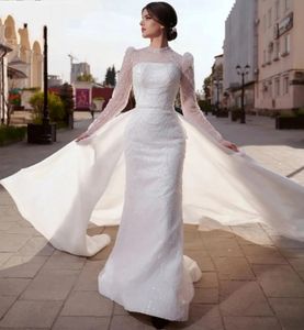 2024 Robe de mariée musulmane élégante pour femmes manches longues sirène avec train détachable col haut perles perles robes de mariée sur mesure robes de Noiva