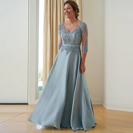 2024 Elegante abito per la madre della sposa blu cielo maniche a 3/4 scollo a V perline appliques pizzo a-line abiti da festa per ospiti di nozze su misura