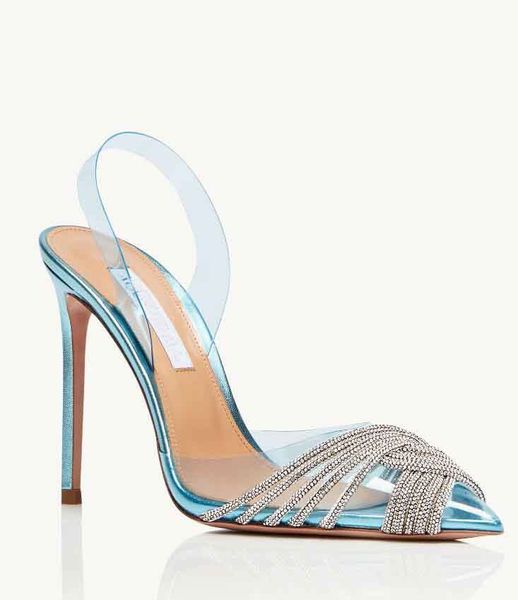 2024 Elegante verano Aquazzura Gatsby Sandalias Zapatos Espiral Envolturas Correa Bombas Tacones de aguja Punta puntiaguda Señora Gladiador Sandalias Latina Sexy y americana Italiana 88