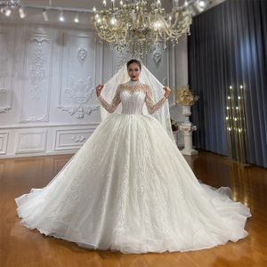 2024 Robe de mariée élégante pour les mariées col haut manches longues paillettes perles robes de mariée arabe Dubaï robes de mariée sur mesure