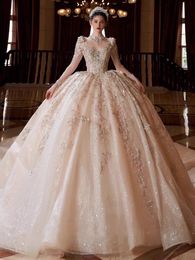 2024 Elegante vestido de novia Ilusión Cuello Apliques de encaje Perlas Perlas Robe Mariage Vestidos De Novia Brillante Lujo Mangas largas Dubai Árabe Tallas grandes Vestido de novia