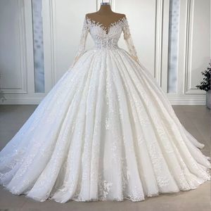 2024 Long Sleeve Elegant Bridal Gown with Illusion Neck, Lace Appliques, Pearls & Beads