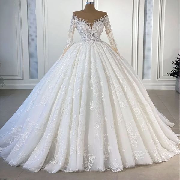 2024 elegante vestido De Novia cuello ilusión mangas largas Apliques De encaje perlas Vestidos De Novia bata De boda Vestidos De Novia
