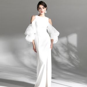 2024 Elegante Trouwjurk Uit De Schouder Zacht Satijn Vloerlengte Kolom Bruid Partij Jassen Vrouwen Slit Bruidsgast Jurken vestidos De Noiva