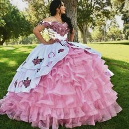 2024 Élégant Blanc Rose Charro Reine Quinceanera Robe Princesse Hors Épaule 3D Floral Applique robes de 15 quinceanera mexicain