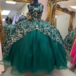 Robe De bal vert émeraude, épaules dénudées, robes De Quinceanera, avec des Appliques florales dorées, Corset en dentelle, 2024