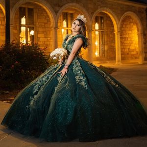 2024 Robe de bal gonflée vert émeraude élégante princesse appliques de dentelle perles paillettes robes de quinceanera robes de fête d'anniversaire de luxe