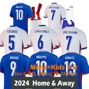 2024 Euro Cup French Home Jersey Mbappe Soccer Jerseys Dembele Giroud Saliba Kante Maillot de Foot Equice Maillots Guendouzi Mens and Kids Kit Fans Football Football Sock