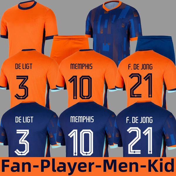 2024 Euro Países Bajos Jersey Fan Player Versión Hombres Kit de fútbol para niños Holanda Camiseta de fútbol local visitante MEMPHIS DE LIGT F.DE JONG AKE BERGVIJN GAKPO Camiseta de fútbol