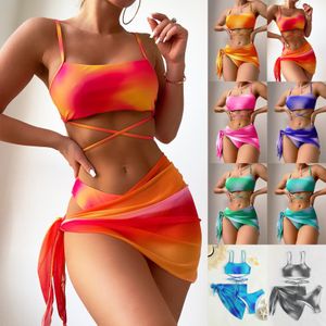 Maillot de bain bikini teint par nouage transfrontalier Europe et États-Unis, jupe en gaze trois pièces pour femmes, maillot de bain bikini fendu, 2024