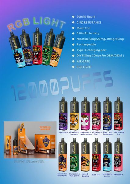 2024 Europa Venta caliente Sidia Puff 12000 Puffs 20 ml Precargado Vape E-cigarrillo RGB Luz 11 colores Malla Bobina Vape Pen Kit de vapor Puff 12K