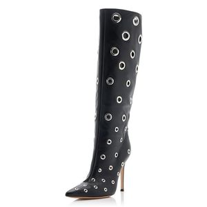 2024 European en American Pointed Summer Metal Hole High Boots For Dames Hollowed Out Walking Show in grote knie lengte laarzen