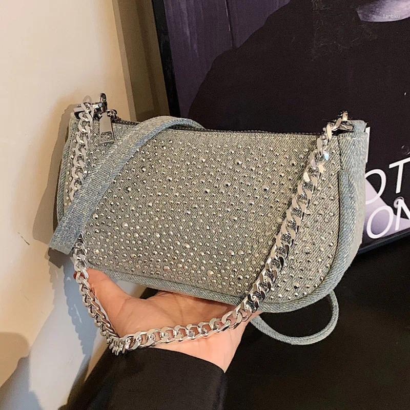 2024 Evening Bags Lady Sling for Women Luxury Designer Handbags and Purses 2024 in Denim Inlaid Imitation Diamond Chain Handle