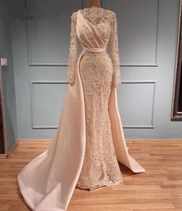 2024 Avondjurken Dragen Blush Pink For Women Long Sheeves Lace Crystal kralen Mermaid Formele evenementenjurken Speciale gelegenheid Draaien Prom Feestjurk overskirts