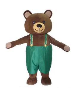 2024 Factory hot een bruine beer mascottekostuum met groene jarretelbroek voor volwassenen om te dragen