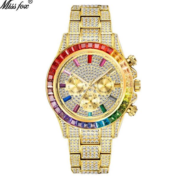 2024 Relojes de pulsera de calidad más nuevos de fábrica Relogio Masculino Luxury MISSFOX Ice Out Diamond Watch Multifunción Día Fecha Ajuste Calendario Relojes de cuarzo para hombres V298