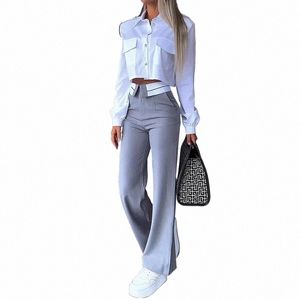 2024 automne printemps femmes deux pièces ensemble bureau simple revers solide manches LG chemise blanche haut gris pantalon ensemble blazer élégant Y2K n4Rr #