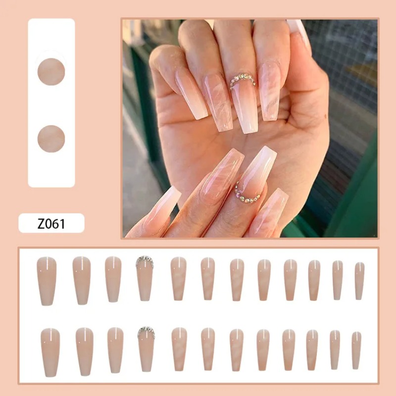 2024 valse nagels naakt gradiënt nagel patch strass ingelegde druk op nagels verwijderbare lange paragraaf mode manicure nagel tips voor gradiënt