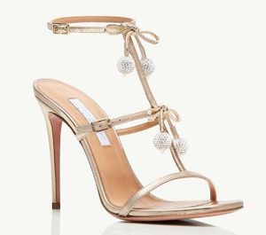 2024 Beroemde AQUAZZURA Cha Crystal Sandalen met hoge hakken groen Feest Hoge Hak Jurk Schoenen stiletto muilezels Diamantbal verfraaid metalen Schapenvacht open teen dames