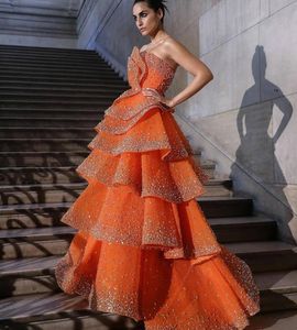 2024 Mode A-lijn Avondjurk Dames Oranje Mouwloos Strapless Kristallen Tiered Prom Formele Partij Jassen Robe De Soiree Vestidos De Fiesta