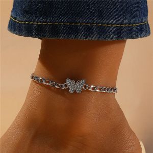 2024 Fashion Bohemia Butterfly 14K White Gold Anklet Rhinestone Chain Foot Sieraden voor vrouwen Summer Beach op blote voeten