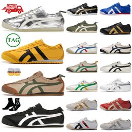 2024 Diseñador de moda Onitsukass Tiger México 66 Zapatos casuales Mujeres Hombres Negro Oro Plata Plata Crema Cilantro Verde Amarillo Manto Verde Crema Zapatillas sin cordones