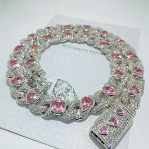 2024 mode -sieraden mooie meid op maat 925 sterling zilveren vvs moissanite cubaanse ketting 13 mm roze hart ijskoud out cuban link chain