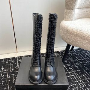 2024 Mode Luxe Femmes Bottes À Talons Plats Lacets Mode Confortable En Cuir Souple Matériel Femmes Chevalier Confortable Tissu En Cuir