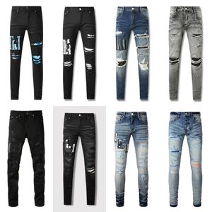 2024 Moda Nuevos jeans morados Pantalones de diseñador para hombre American High Street Sier Patchwork Cuero rasgado Estilo de pareja Comercio exterior Transfronterizo Negro